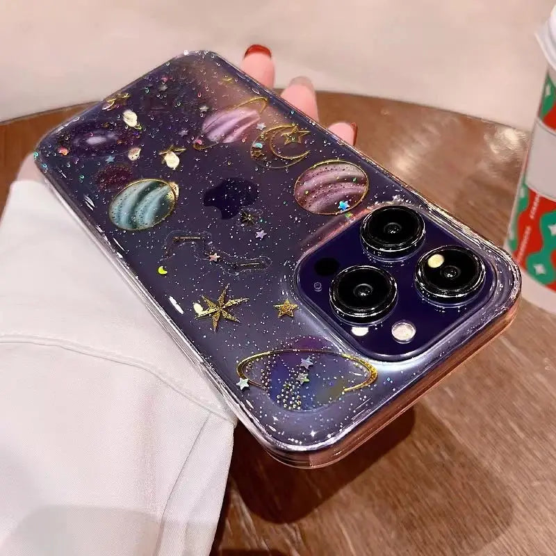 Planet Moon Stars Glitter Clear Case - Caseably