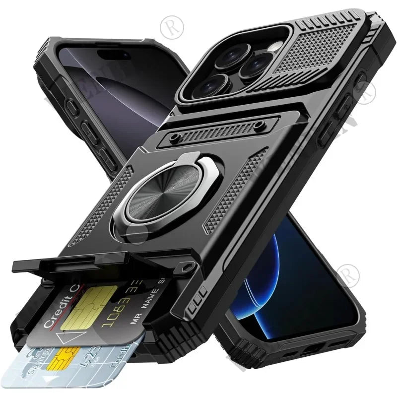 Magnetic Rotated Ring Kickstand Wallet Cover