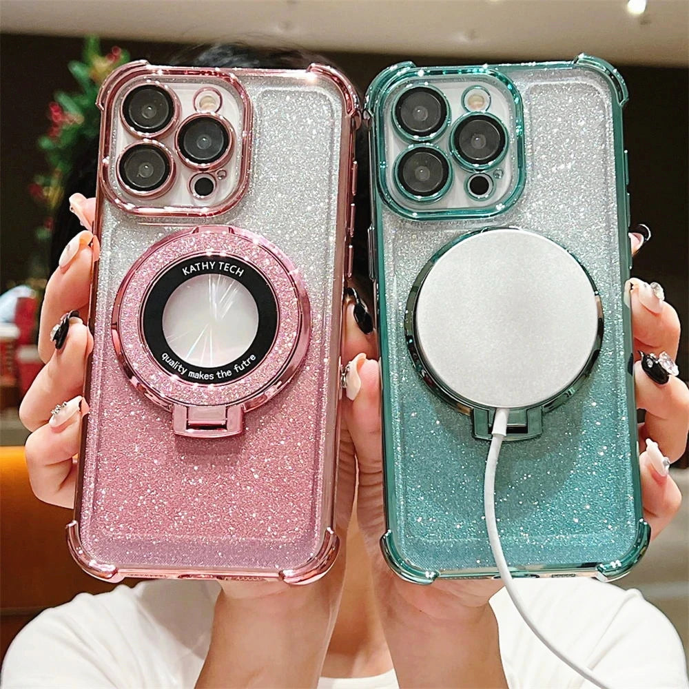 Glitter Wireless Charging Magsafe Ring Stand Case - Caseably