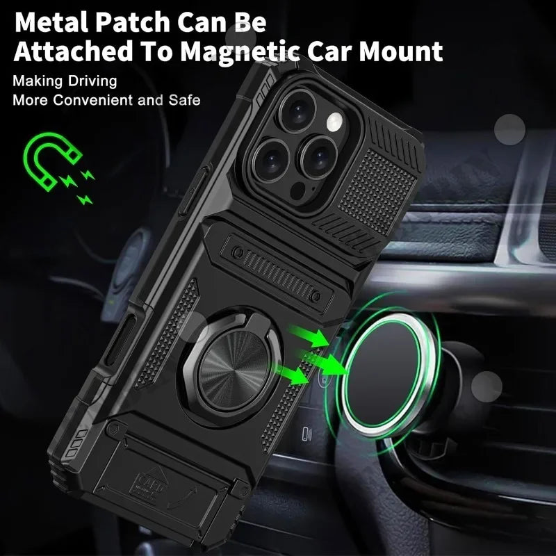 Magnetic Rotated Ring Kickstand Wallet Cover