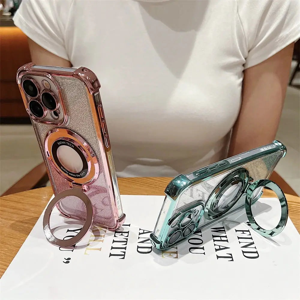 Glitter Wireless Charging Magsafe Ring Stand Case - Caseably