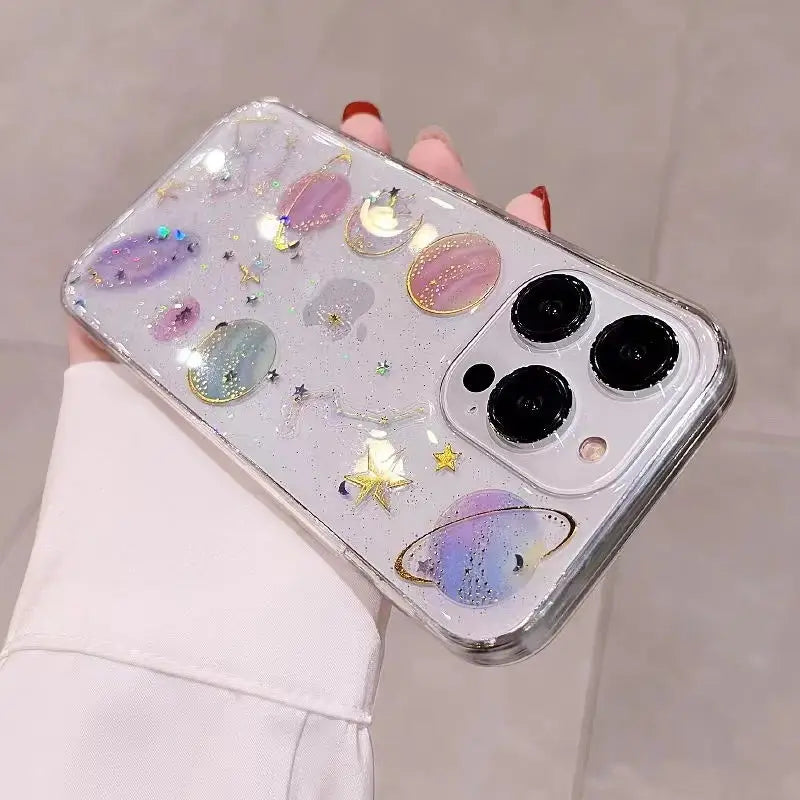 Planet Moon Stars Glitter Clear Case - Caseably