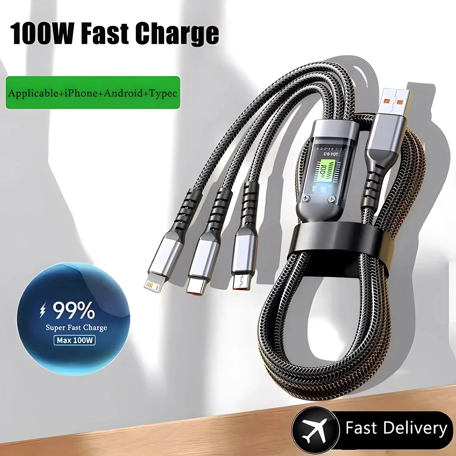 3-in-1 USB 100W 6A Fast Charger Cable